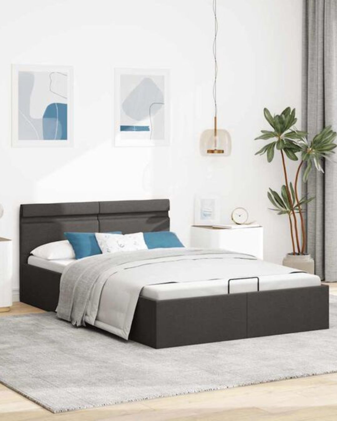 Lit coffre en tissu avec LED et ouverture hydraulique