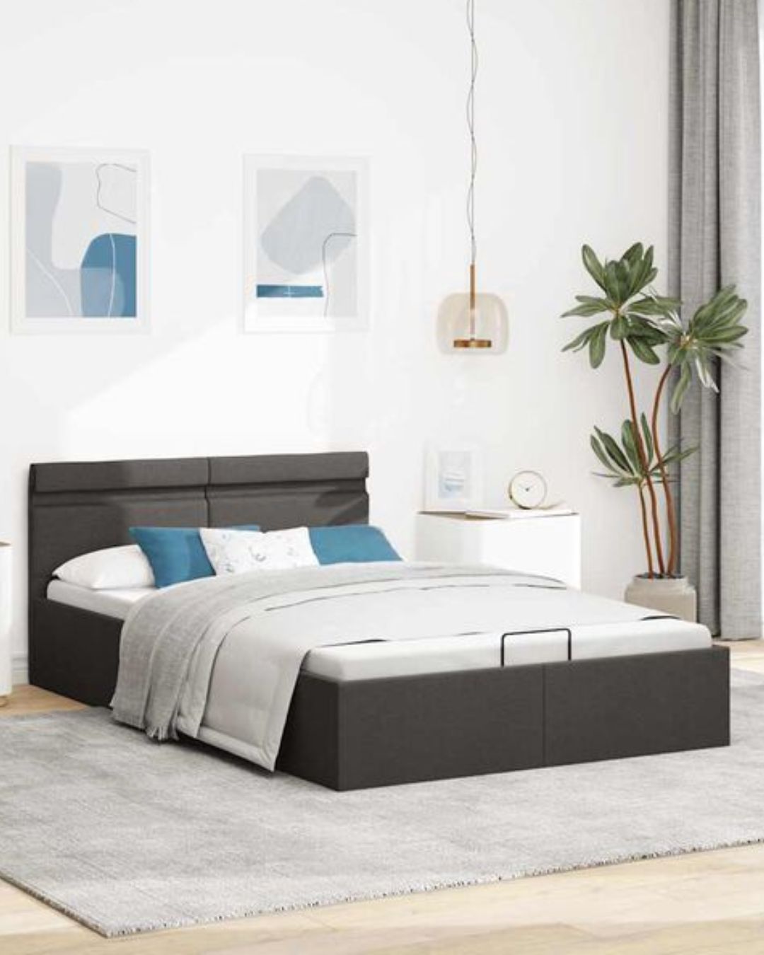 Lit coffre en tissu avec LED et ouverture hydraulique